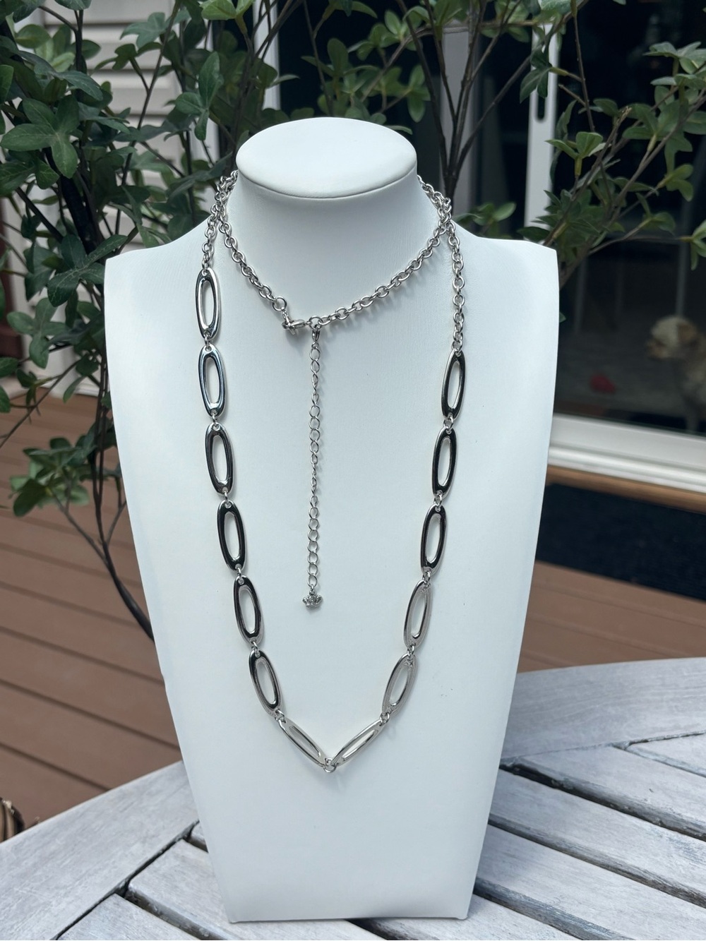 Silver Oval-Link Layered Necklace with Adjustable Drop